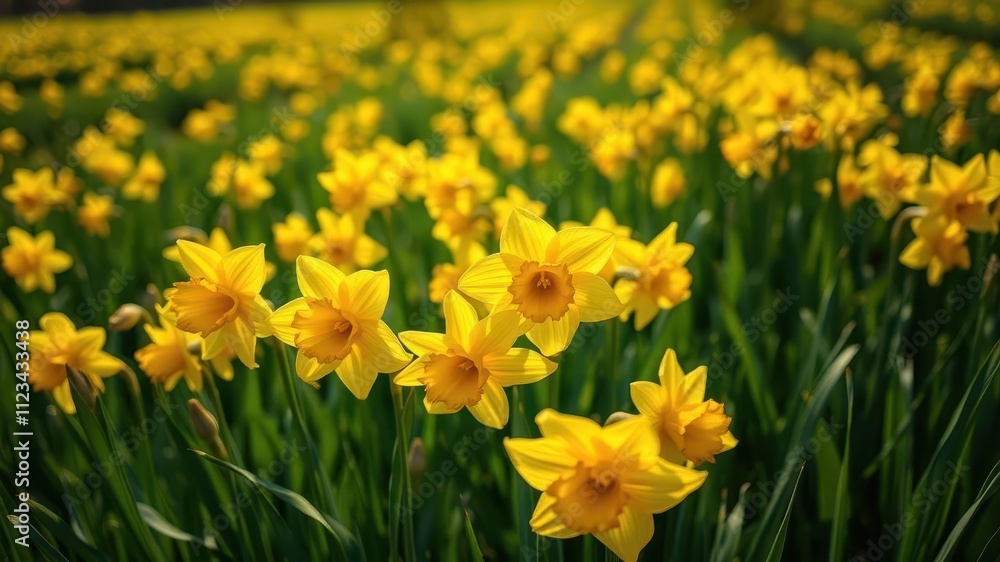 Fototapeta premium Beautiful yellow daffodil flowers blooming in a vast green field under the sun, outdoors, sunlight, fresh
