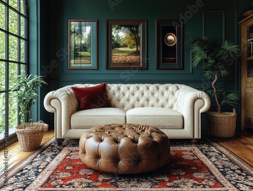 Elegant tufted chesterfield sofa in a vintage room. Ideal for interior design, home decor, and luxury lifestyle projects.