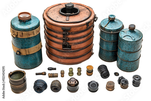 A collection of vintage metal containers and canisters with various sizes and designs, showcasing a rustic, industrial aesthetic on a white background. photo