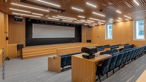 Modern Auditorium With Wooden Walls And Seating photo