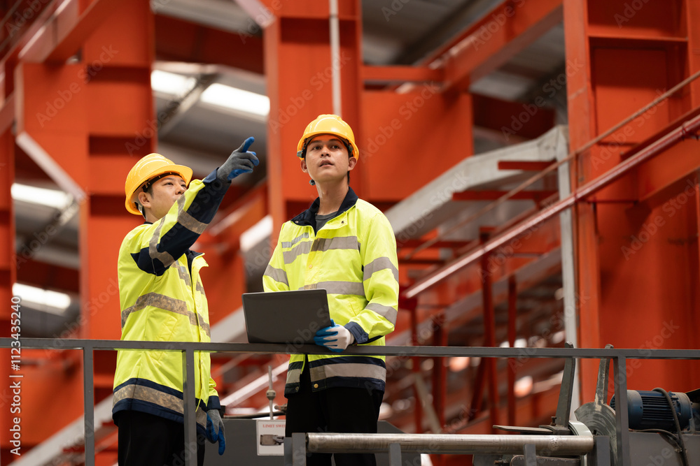 custom made wallpaper toronto digitaltwo professional engineer,worker,technician use clipboard discuss work, walk in steel metal manufacture factory plant industry. Black African American man and woman wear hard hat check quality machine
