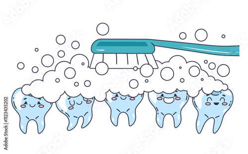 Cleaning tooth with toothbrush and toothpaste dental health. Vector flat graphic design element concept illustration