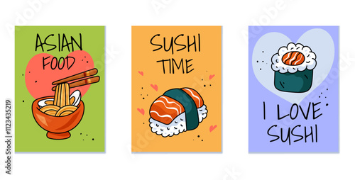 Sushi cute japanese food banner poster cards concept collection set. Vector graphic design illustration