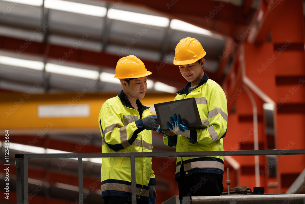 two professional engineer, worker, technician use clipboard discuss work, walk in steel metal manufacture factory plant industry. Asian man and woman wear hard hat check quality machine. two professional engineer, worker, technician use clipboard discuss work, walk in steel metal manufacture factory plant industry. Asian man and woman wear hard hat check quality machine.