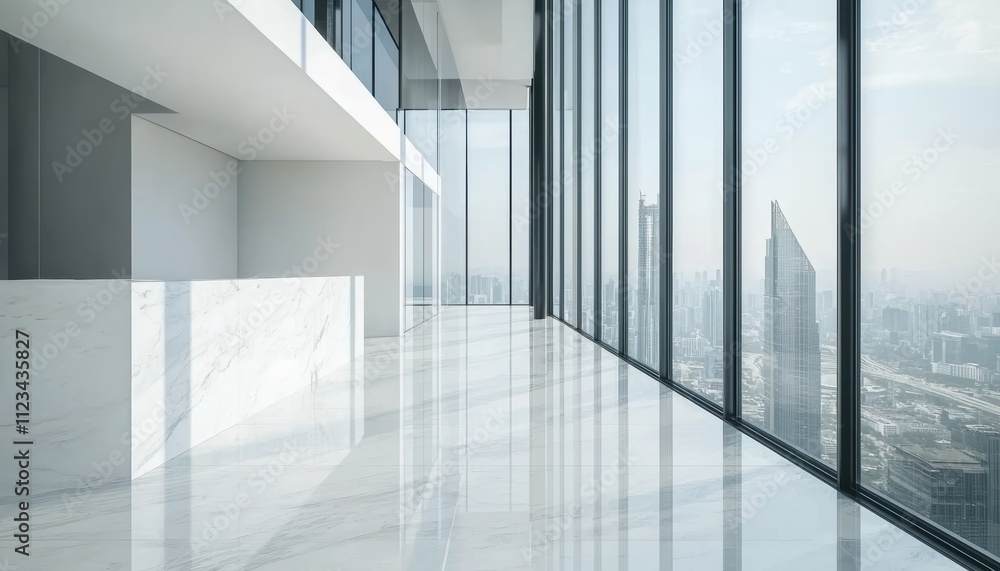 Fototapeta premium Modern office interior design high-rise building photography urban environment wide-angle view minimalist concept