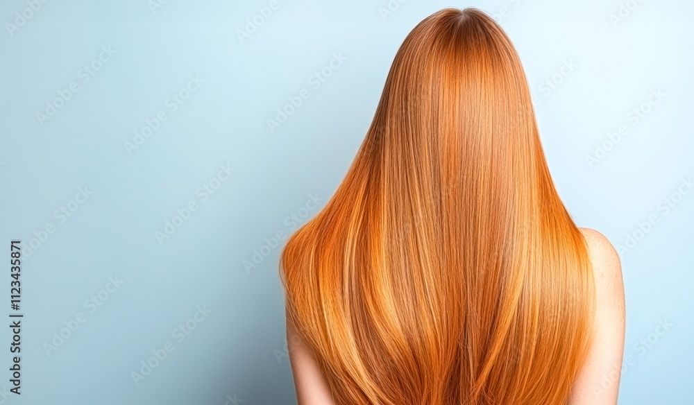 Fototapeta premium A close-up view of a woman with long, shiny red hair against a soft blue background, ideal for beauty, hair care, or fashion promotions, highlighting vibrant hair textures,