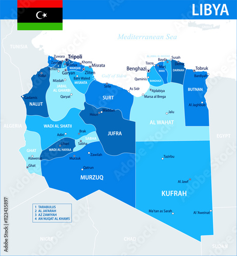 Libya Map Vector Blue Spot - Customizable layered political map of Libya with administrative divisions for website, education, reports, news, politics, print, poster and wallpaper