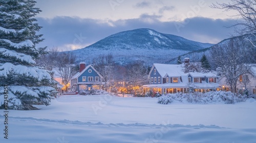 Snowy village at Christmas with majestic mountain serene atmosphere