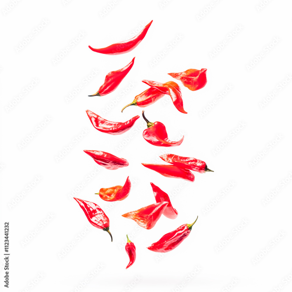Floating red chili peppers isolated on white background Floating red chili peppers isolated on white background