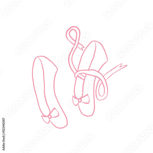 Ballet shoes. Crayon pointe slippers with bow. Vector minimal illustration isolated o white background.