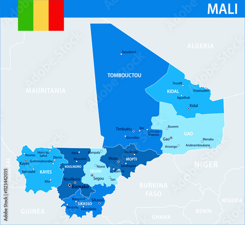 Mali Map Vector Blue Spot - Customizable layered political map of Mali with administrative divisions for website, education, reports, news, politics, print, poster and wallpaper