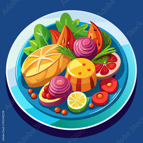 "A delicious plate of gourmet food, perfectly arranged with vibrant colors, high detail, and professional lighting, food photography style"