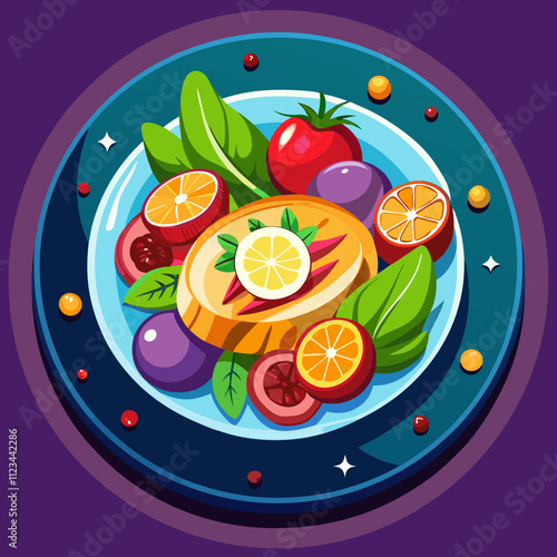 "A delicious plate of gourmet food, perfectly arranged with vibrant colors, high detail, and professional lighting, food photography style"