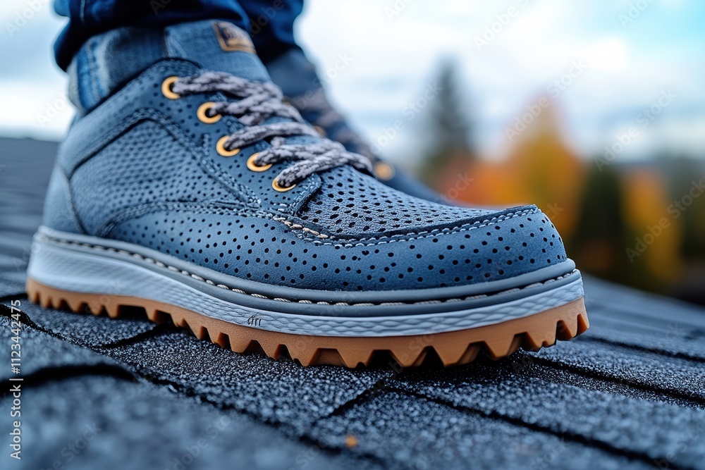 Close-up view of durable shoes with non-slip soles on a textured surface outdoors Close-up view of durable shoes with non-slip soles on a textured surface outdoors