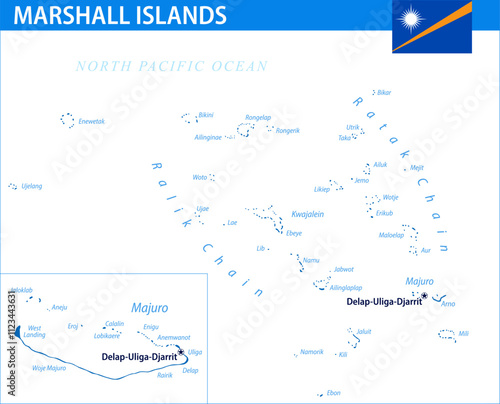 Marshall Islands Map Vector Blue Spot - Customizable layered political map of Marshall Islands with administrative divisions for website, education, reports, news, politics, print, poster