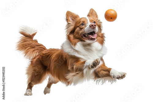 A playful dog leaps into the air, joyfully chasing an orange ball against a white isolated background.