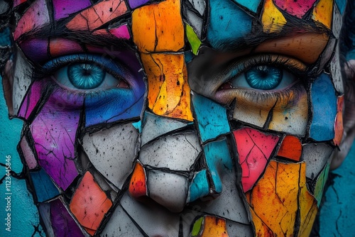 A face split into vibrant colors and grayscale tones, with symbolic elements like a maze for confusion and broken glass for distorted perceptions, symbolizing schizophrenia or other disorders photo