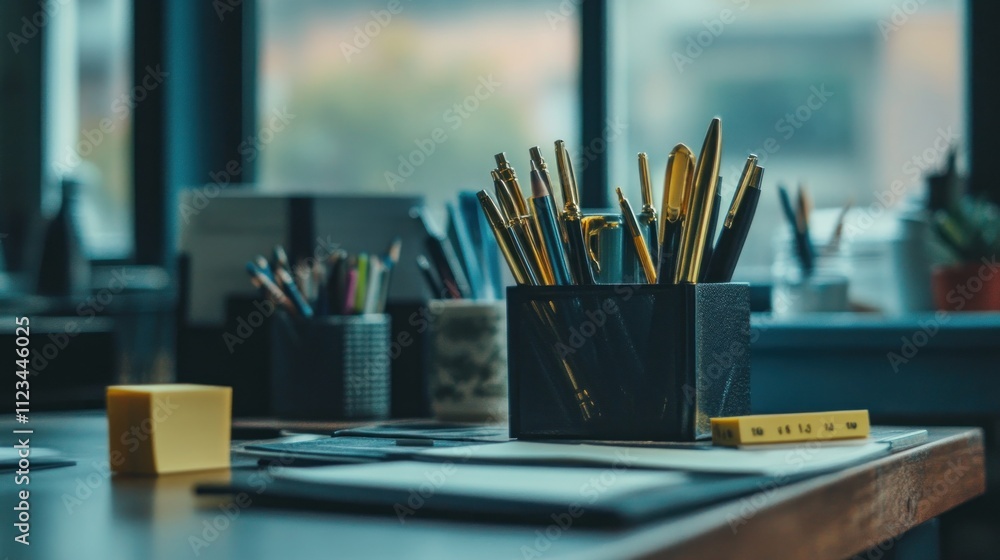 Office Desk With Pens In A Holder And Papers Office Desk With Pens In A Holder And Papers