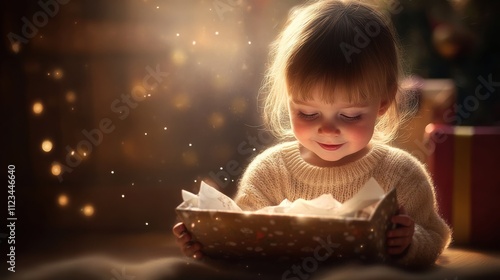 Christmas child unwrapping present with joyful wonderfilled expression photo