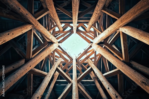 Intricate wooden beams create a stunning roof structure in a contemporary architecture space photo