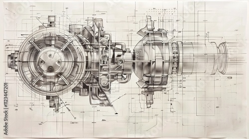 Detailed technical blueprint diagram of an intricate industrial mechanical system or machinery equipment  Complex schematic engineering design with grid layout and annotated components