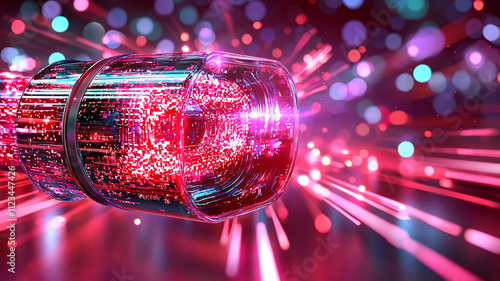 Vibrant light bursts and colorful particles create dynamic visual effect, showcasing futuristic design with glowing object at center