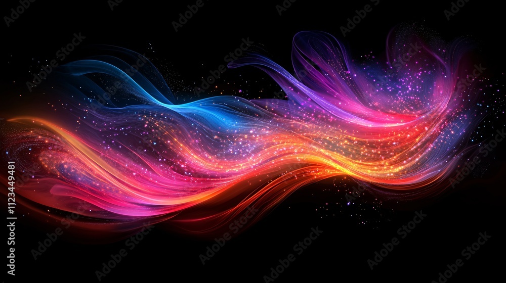 Fototapeta premium A vibrant, abstract wave of colors flows across a dark background, creating a dynamic and energetic visual effect.