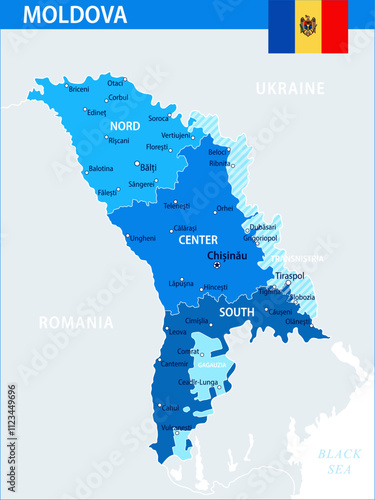 Moldova Map Vector Blue Spot - Customizable layered political map of Moldova with administrative divisions for website, education, reports, news, politics, print, poster and wallpaper