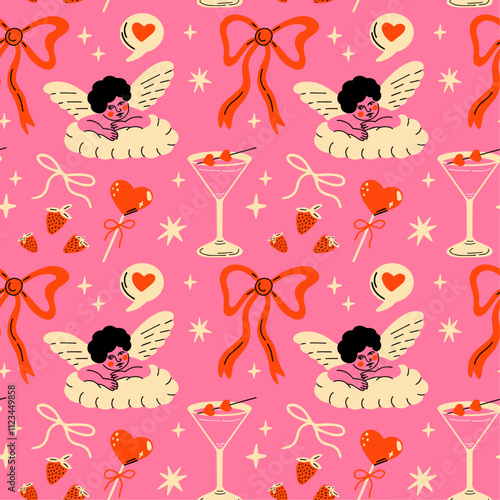 Saint Valentine's Day seamless vector pattern with cute groovy funky cartoon illustration of different romantic objects, coquette bow, cupid, cocktail, heart, 14 February design concept