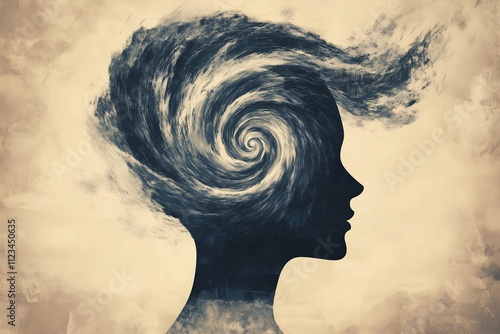 human head silhouette with a swirling tornado inside, symbolizing the chaos of mental disorders like anxiety and overthinking, set against a muted gradient background photo