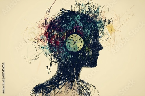 A human silhouette filled with chaotic scribbles and symbols of mental disorders, such as a clock for anxiety, a storm cloud for depression photo