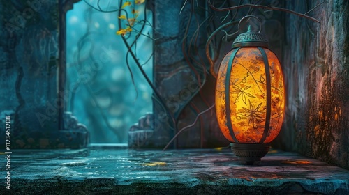 Glowing jack o lantern pumpkin lantern illuminating the dark eerie atmosphere of a mystical autumn forest at night  Enchanting and spooky supernatural scene with moody haunting vibes photo