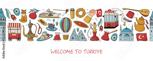 Welcome to turkiye horizontal banner with repeated doodles design for packaging, prints, social media covers, banners, signs, templates, etc. EPS 10