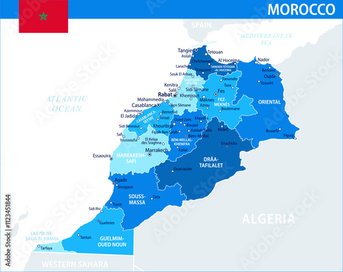 Morocco Map Vector Blue Spot - Customizable layered political map of Morocco with administrative divisions for website, education, reports, news, politics, print, poster and wallpaper