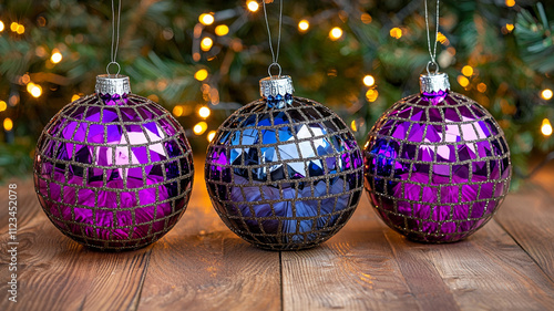 Shiny purple and black Christmas ornaments hang on tree, reflecting warm lights. These oversized decorations add festive touch to any holiday setting