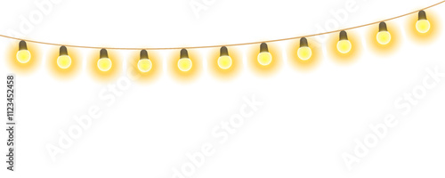 Christmas lights isolated, festive string of yellow holiday lights, Christmas decoration lights seamless design elements, glowing lights for greeting card design, bright garlands