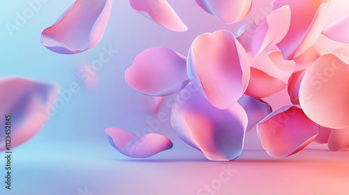 Soft colorful petals float gracefully against a serene gradient background, creating a dreamy, ethereal atmosphere.