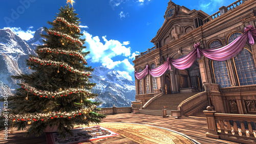 grand festive scene featuring large Christmas tree adorned with decorations, set against stunning mountain backdrop and elegant building. atmosphere is joyful and celebratory