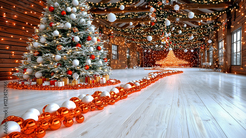 festive family room adorned with large Christmas tree, sparkling lights, and vibrant decorations creates warm holiday atmosphere