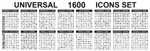 Set icons: business, technology, education, justice, industry, medical, food, travel, sport, ecology, service, shopping, clothes, home living signs collection