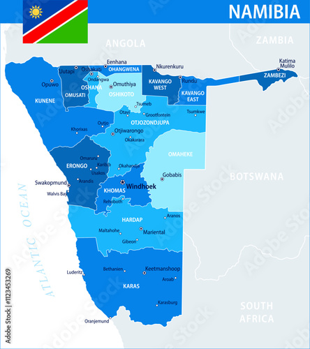 Namibia Map Vector Blue Spot - Customizable layered political map of Namibia with administrative divisions for website, education, reports, news, politics, print, poster and wallpaper