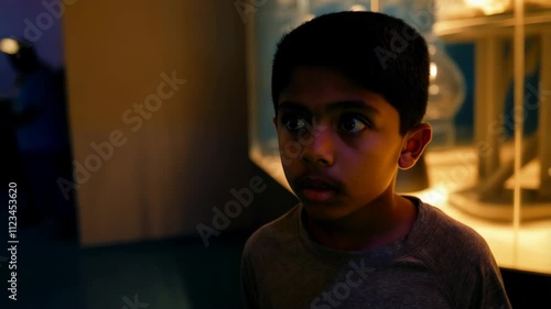 A young South Asian boy gazes in amazement at glowing science displays during an evening visit to a learning center