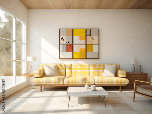 Midcentury modern style living room with yellow plaid couch and wall art. Mid mod living room interior. Plaid sofa. photo