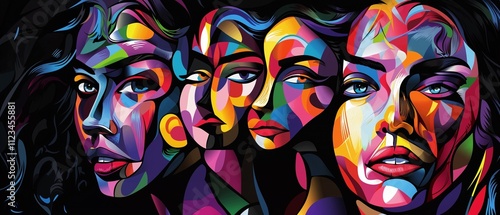 Vivid Abstract Portraits Featuring Semi-Realistic Figures, Multiple Faces, Bold Colors, Stained-Glass Aesthetic, and Vibrant Modern Pop-Art Style
