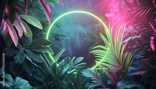 Wallpaper Mural Glowing jungle foliage in neon green and magenta, surrounded by a radiant circle. Ideal for posters. Torontodigital.ca