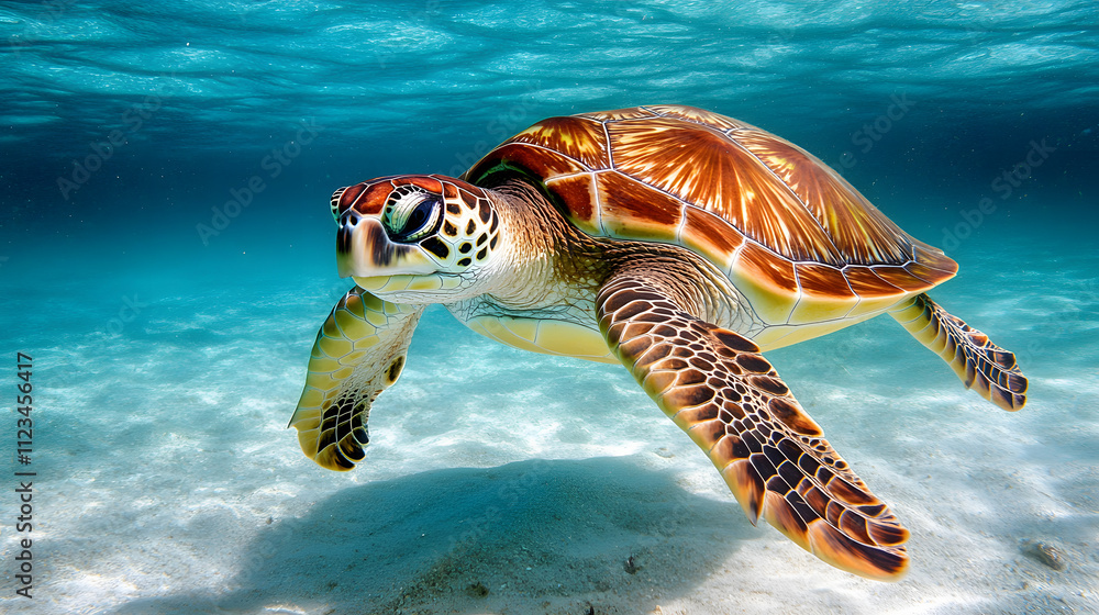 Fototapeta premium A lone sea turtle swimming gracefully in clear blue waters near the African shoreline.