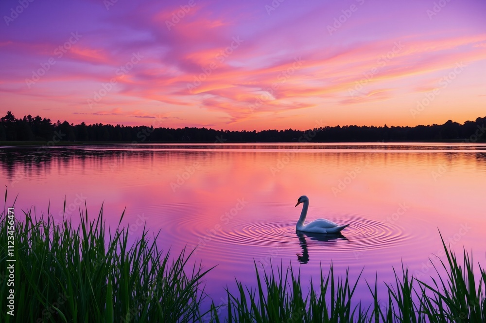 Fototapeta premium Serene Sunset Over Tranquil Lake with a Graceful Swan and Lush Grass