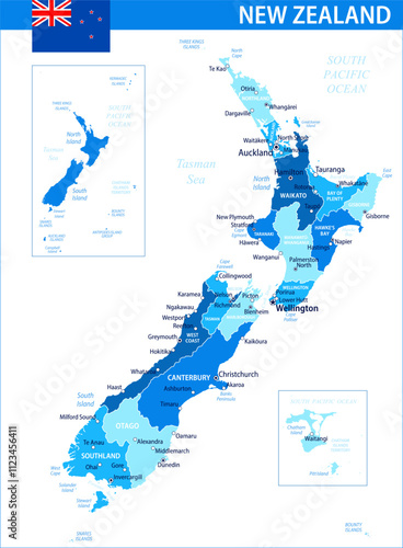 New Zealand Map Vector Blue Spot - Customizable layered political map of New Zealand with administrative divisions for website, education, reports, news, politics, print, poster and wallpaper