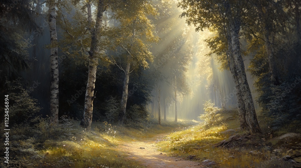 Obraz premium Sunlit Forest Trail, a captivating hiking path meandering through a vibrant, sunlit woodland, where golden beams filter through the lush canopy, beckoning exploration.