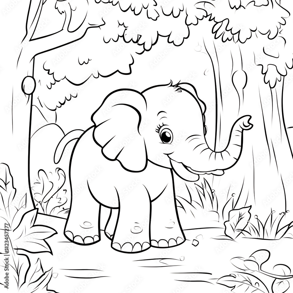 Obraz premium Line art illustration of an elephant in a jungle setting.
